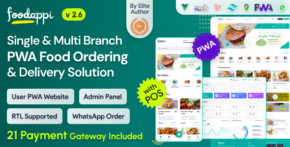 FoodAppi - PWA Food Delivery System and WhatsApp Menu Ordering with Admin Panel | Restaurant POS