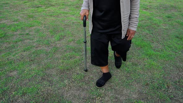 senior woman legs walking with walking stick in the grass field