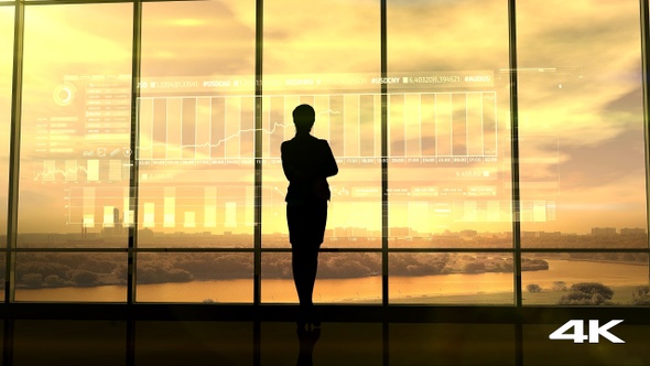 Silhouette Of Business Woman And Stock Exchange Infographics 4K
