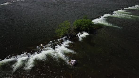 Aerial shot of rapids and birds, dolly out