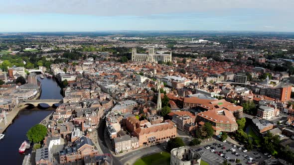 Aerial footage of the town of York located in North East England in the UK