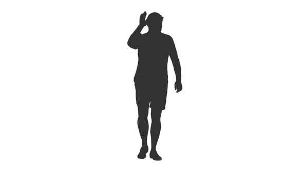 Silhouette of Man Walking in Shorts and Waving Hand Hello