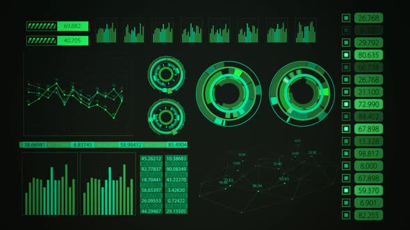 Advanced futuristic graphic interface. Displays abstract diagrams and charts.