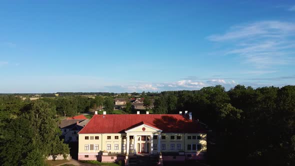 Aerial View of the  Durbe Manor Castle, Tukums, Latvia. Old Mansion of Former Russian Empire. 