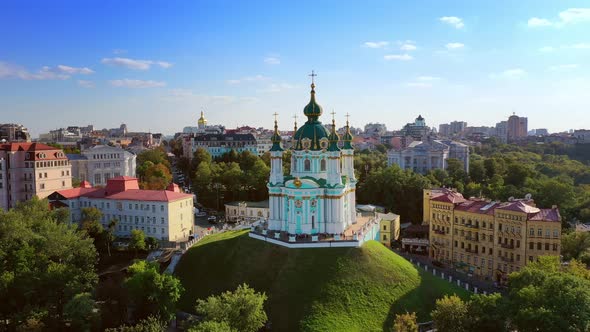 Aerial Drone Video Famous St. Andrews Church and Panorama of Kyiv, Ukraine