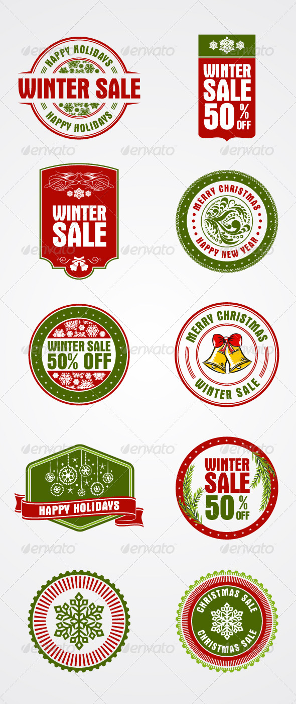 10 Christmas, Holiday Themed Stamps, Badges