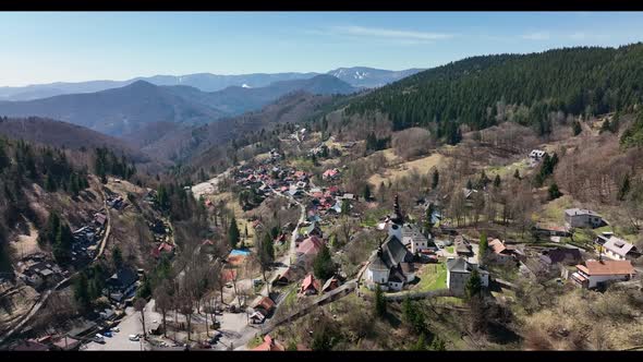 Aerial view of the church in the village of Spania Dolina in Slovakia