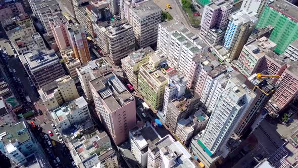 Drone fly over Hong Kong urban city