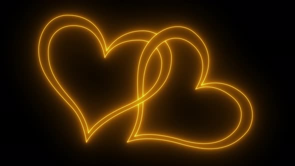 Neon Golden Couple Heart Shape Glowing & Flickering Background V6