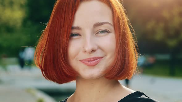 Close Up Human Female Face Redhead Woman Girlfriend with Natural Makeup Perfect Clean Skin Smiling