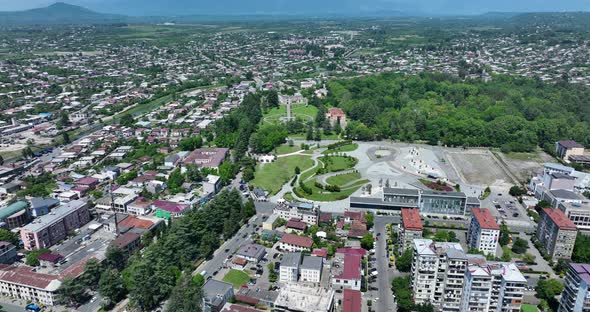 Zugdidi, Georgia - May 30 2022: Flying over the center of Zugdidi city in Samegrelo