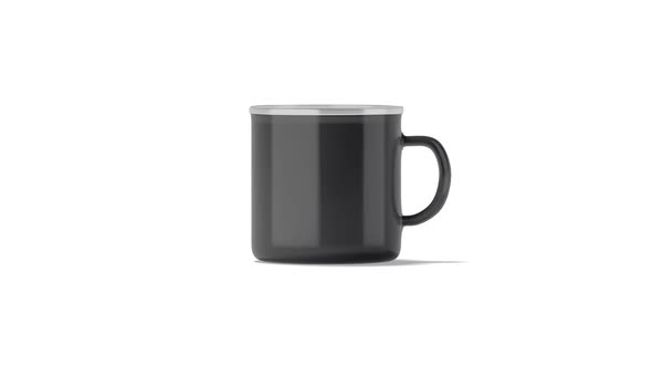 Blank black enamel mug with metal rim, looped rotation