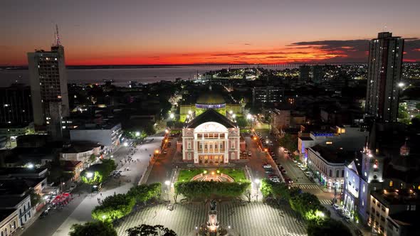 Sunset sky over Amazonas Theater at downtown Manaus Brazil.