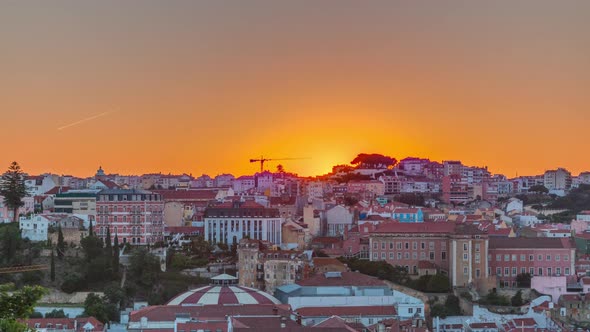 Sunrise Over Lisbon Aerial Cityscape Skyline Timelapse From Viewpoint of St