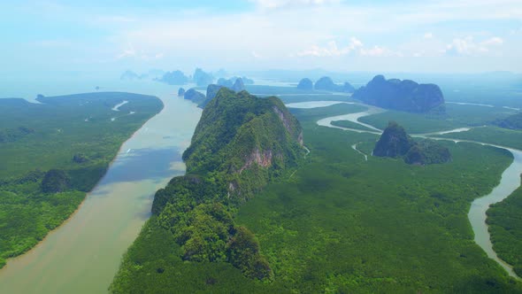 An aerial view from a drone flying over Phang Nga Bay