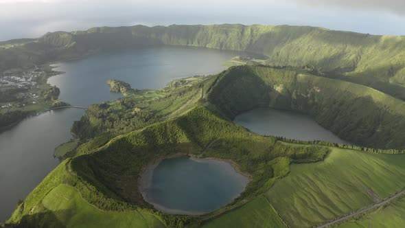 Aerial view of Lagoa Azul lake on San Miguel Island archipelagos.