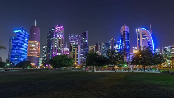 The Skyline of Doha By Night with Starry Sky Seen From Park Timelapse Hyperlapse Qatar
