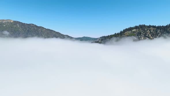 The drone hovers over the wooded hills and flies right into the the clouds in Californa, USA