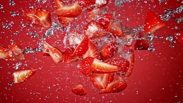 Super Slow Motion Shot of Fresh Strawberries and Water Side Collision on Red Background at 1000Fps.