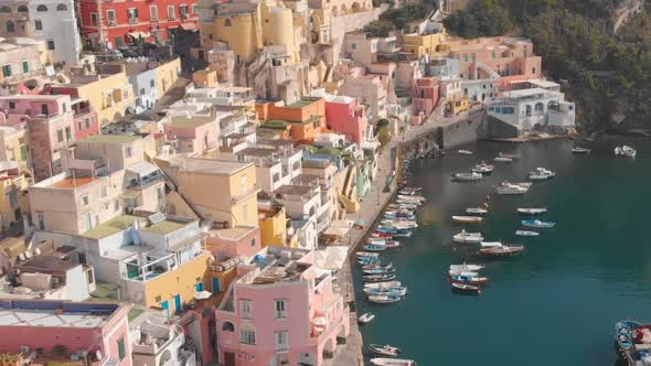 Aerial View of Corriccella Fisherman Village in Procida Island Near Naples Italy