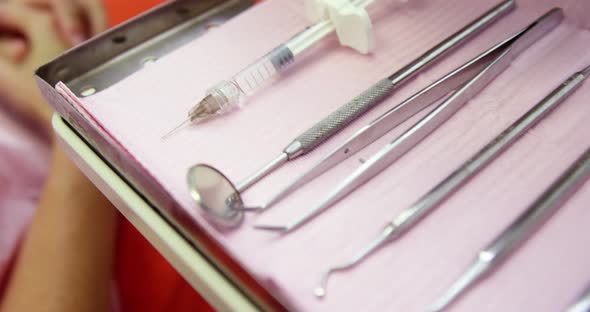 Close-up of dental tools on tray