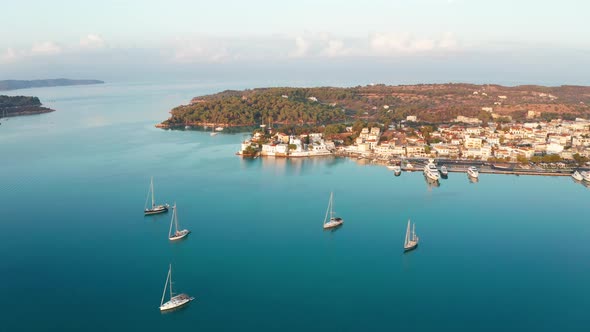 Aerial View of Porto Heli Town at Sunrise Greece