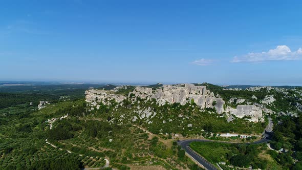 Village of Les Baux-de-Provence in Bouches-du-Rhone in France from the sky