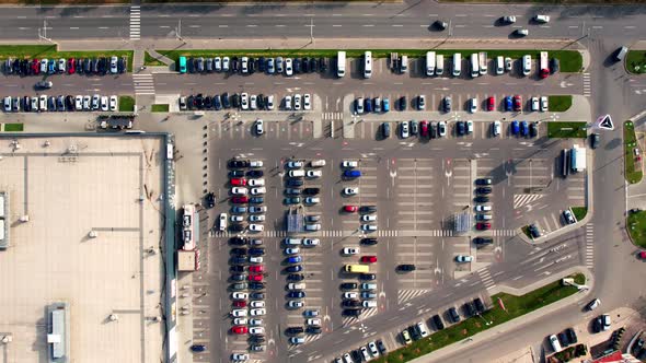 Hyperlapse Aerial Drone View of Supermarket Parking Lot with a Lots of Cars