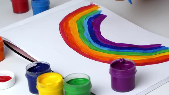 Child girl sitting at home during the quarantine period paints a multi-colored rainbow