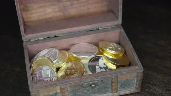 Bitcoin, Euro Banknotes and Golden Btc Coins on the Treasure Trove