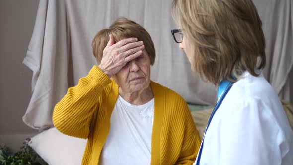 Health Complaints, Seniors, Elderly Care. Doctor With Patient At Home