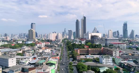 4K Fly Out of Bangkok Skyline, Long Road to a Big City in Asia