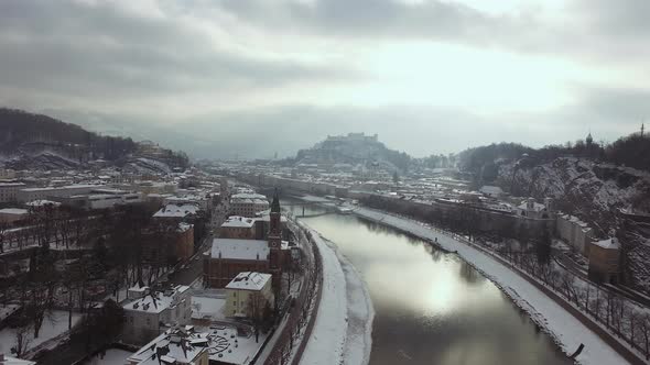 Aerial view of Salzach River during winter