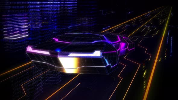 Futuristic Neon Hood Auto Transport Vehicle Hovering On Digital City Street alt