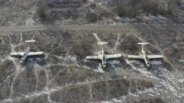 Squadron of Crashed Planes at Abandoned Airfield  Panoramic Shot