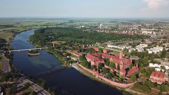 Aerial: The Castle of Malbork in Poland, summer time