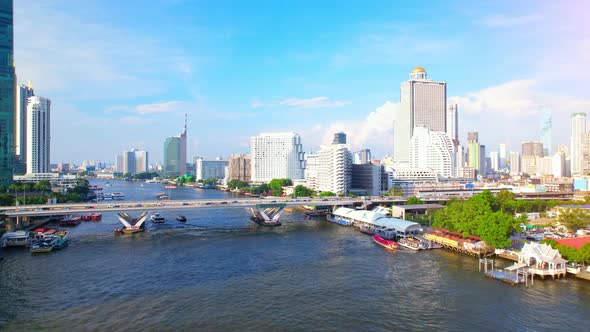 4K UHD : Bangkok River drone view. Flying over the Chao Phraya River