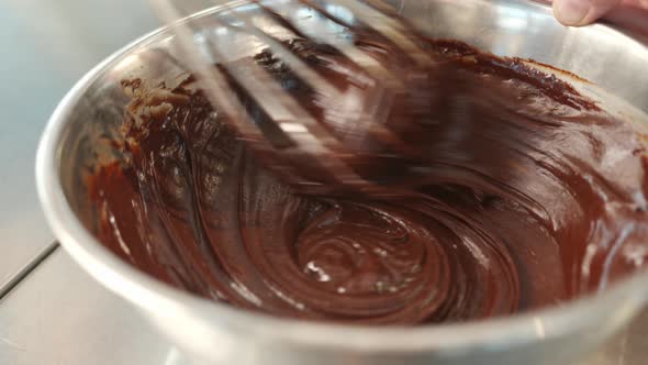Close-up of chocolate being kneaded in a brownie bowl