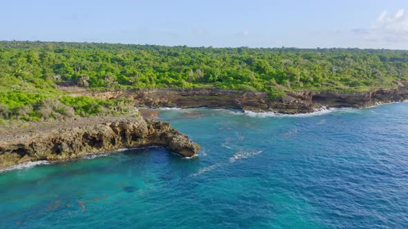 Rocky cove along tropical coastline of Boca de Yuma, Caribbean, aerial