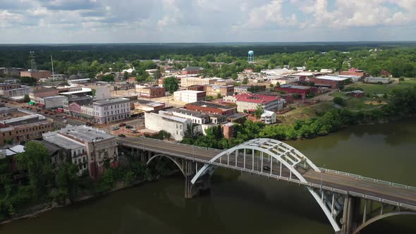 Edmund Pettus bridge in Selma, Alabama with drone video moving down.