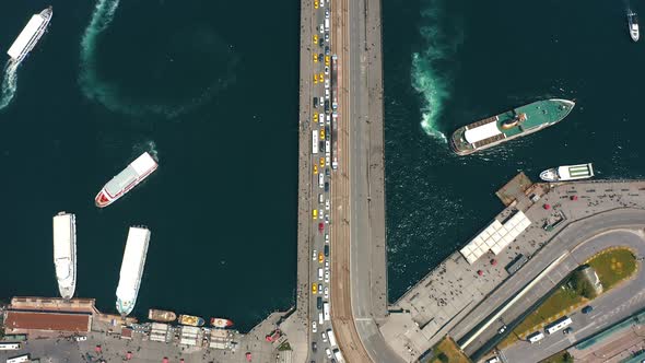 Drone View of Eminonu Square and Galata Bridge Over Bosphorus in Istanbul