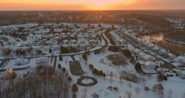 Wonderful Winter Scenery Roof Houses Covered Snow on the Aerial View with Residential Small American