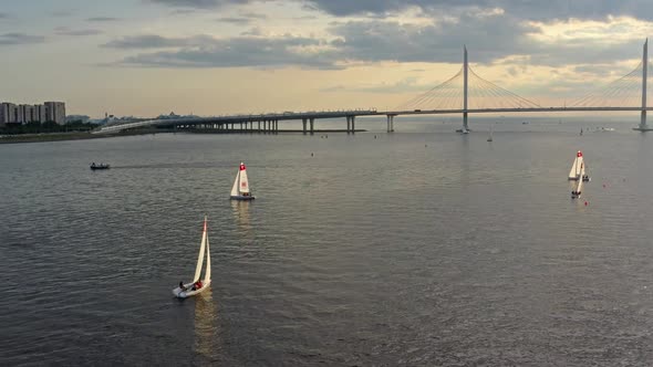 Aerial View of Cablestayed Bridge During Sunset