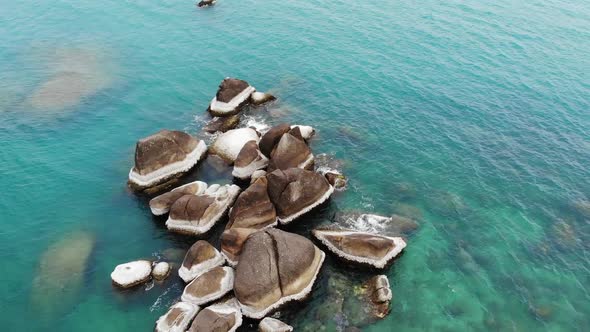 Famous Grandfather and Grandmother Rocks Located on Shore of Blue Sea on Koh Samui Island in