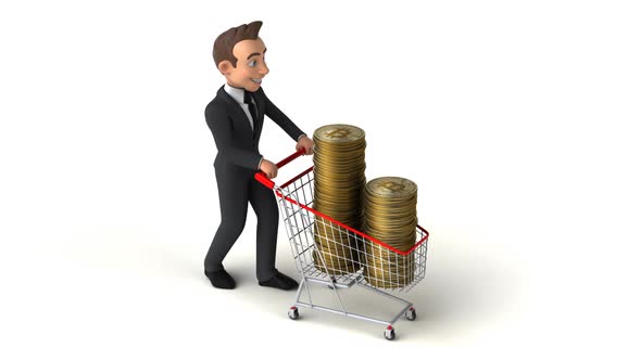 Fun 3D cartoon business man shopping with bitcoins