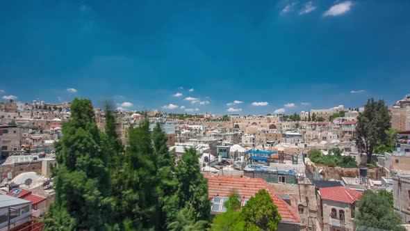 Skyline of the Old City in Jerusalem with Historic Buildings Aerial Timelapse Hyperlapse Israel