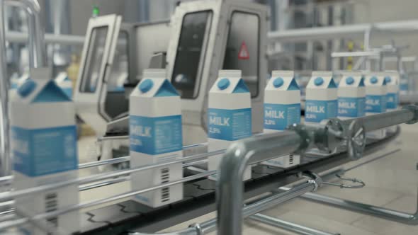 Automated Conveyor machinery carrying the packaged milk products at the factory alt