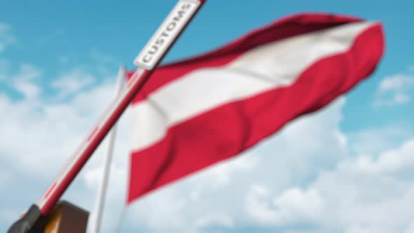 Closed Gate with CUSTOMS Sign on the Austrian Flag Background alt