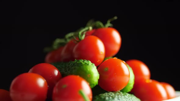 Close-up, Fresh, Juicy Vegetables, Tomatoes, Cucumbers, Beautifully Spin on Black Background