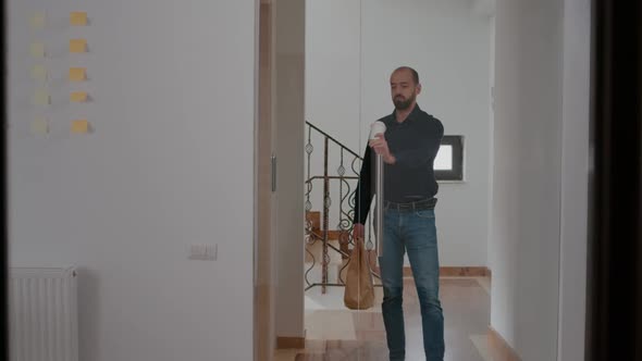 Entrepreneur Man Climbing Stairs Holding Takeaway Meal Order Paper Bag and Coffee